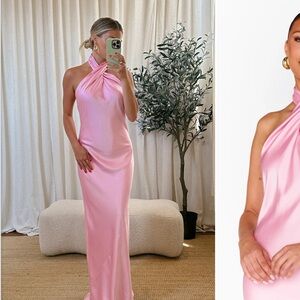 Show Me Your Mumu Jasmine Halter Maxi Dress in Light Pink Luxe Satin